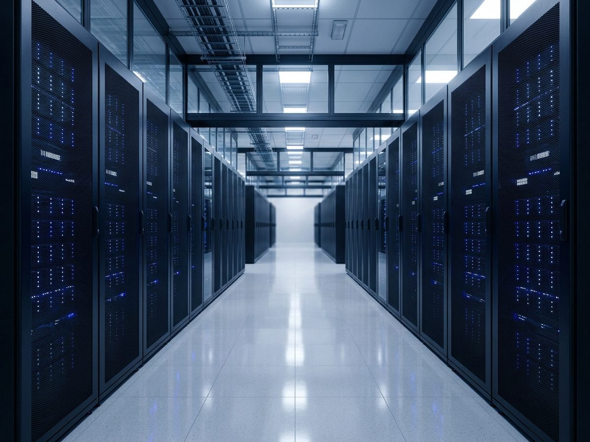 Serverraum mit ordentlich angeordneten, blau beleuchteten Serverschränken
