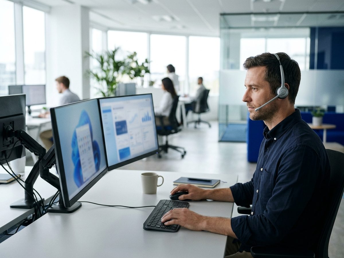 Supportspezialist mit Headset an einem Schreibtisch mit zwei Monitoren in einem modernen Büro