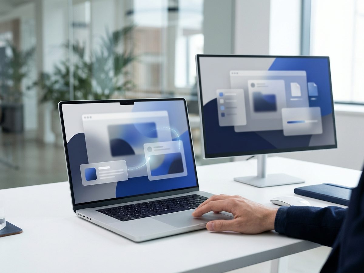 Laptop und Monitor auf einem Schreibtisch, auf dem Bildschirm der Desktop eines entfernten Computers