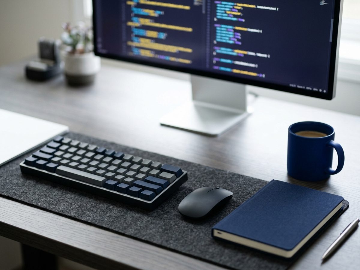 Schreibtisch eines Softwareentwicklers: Monitor, Tastatur, Notizbuch und Kaffee