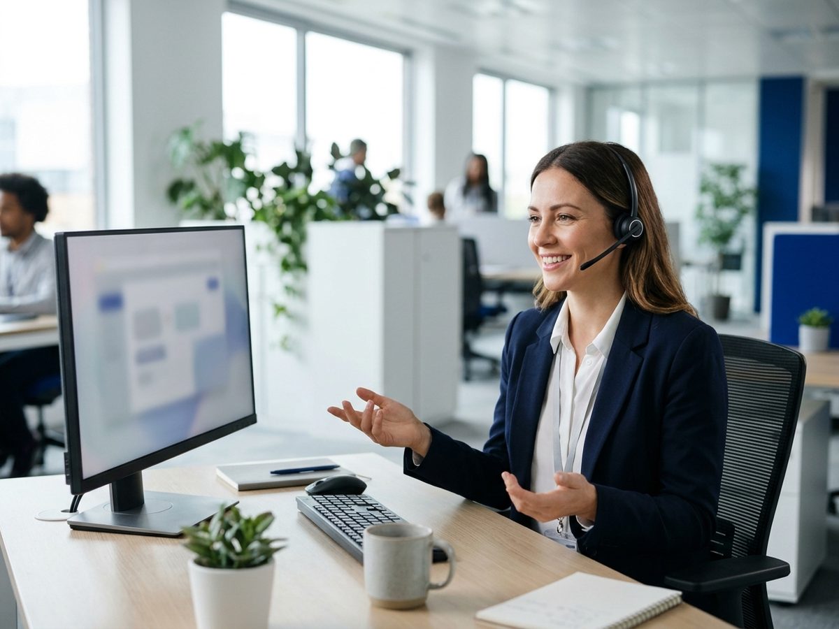 Lächelnde Kundensupport-Mitarbeiterin mit Headset in einem hellen Büro