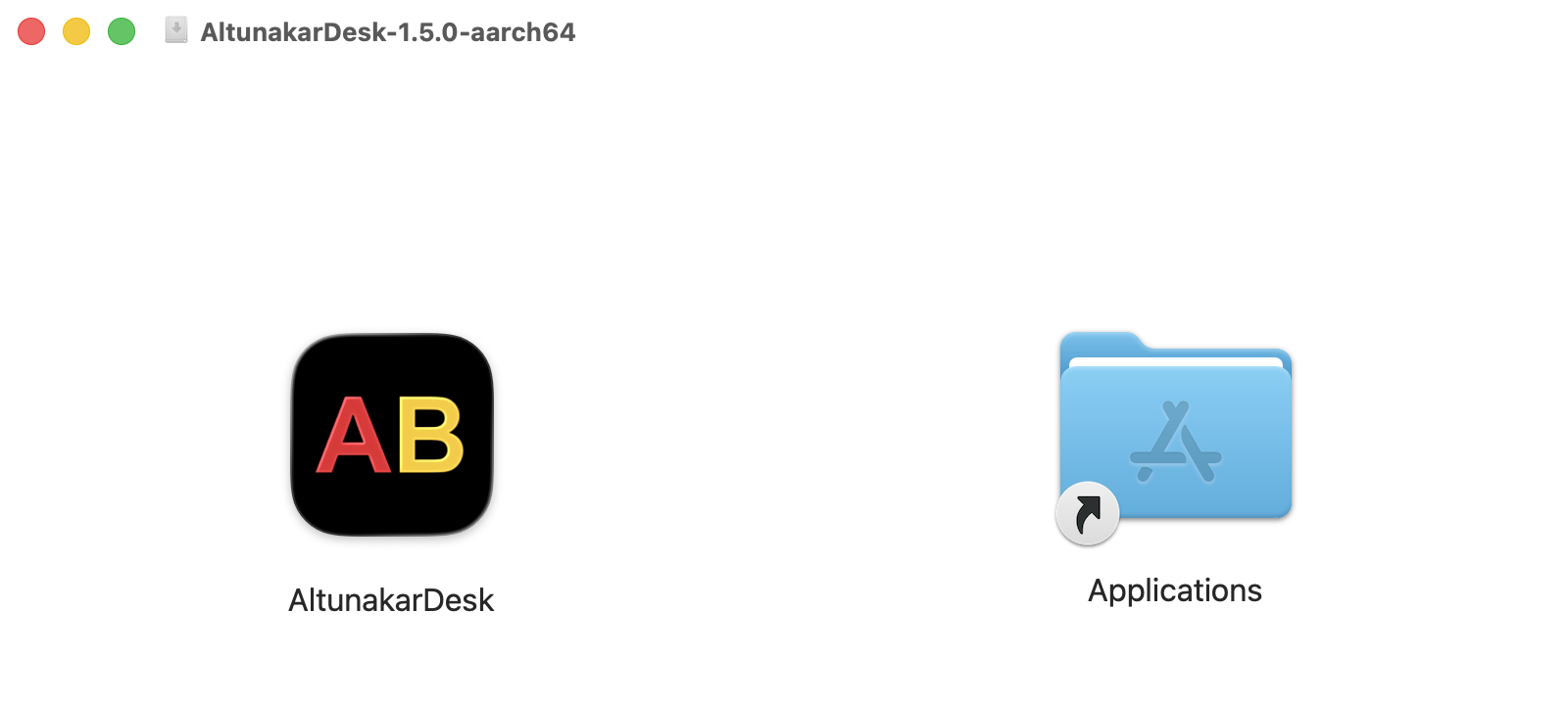 AltunakarDesk disk görüntüsü penceresi: solda program, sağda Applications klasörü