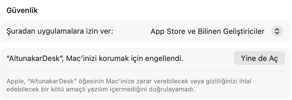 Sistem Ayarları, Güvenlik bölümü: “AltunakarDesk”, Mac'inizi korumak için engellendi; Yine de Aç düğmesi