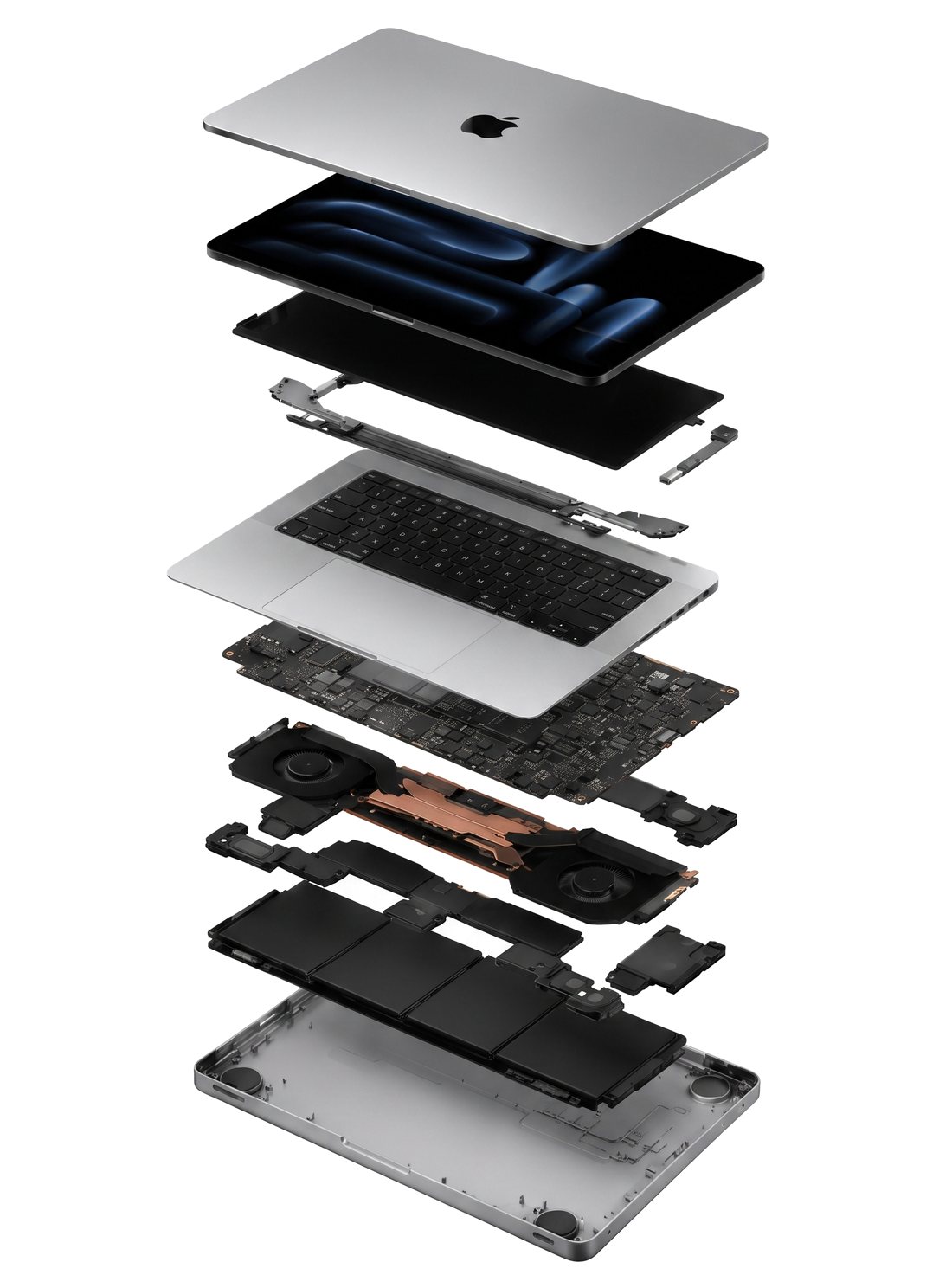 MacBook Pro patlamış görünüm: ekran kapağı, Retina panel, menteşe, klavye, anakart, soğutma sistemi, hoparlörler, batarya ve alt kasa ayrı katmanlar hâlinde.