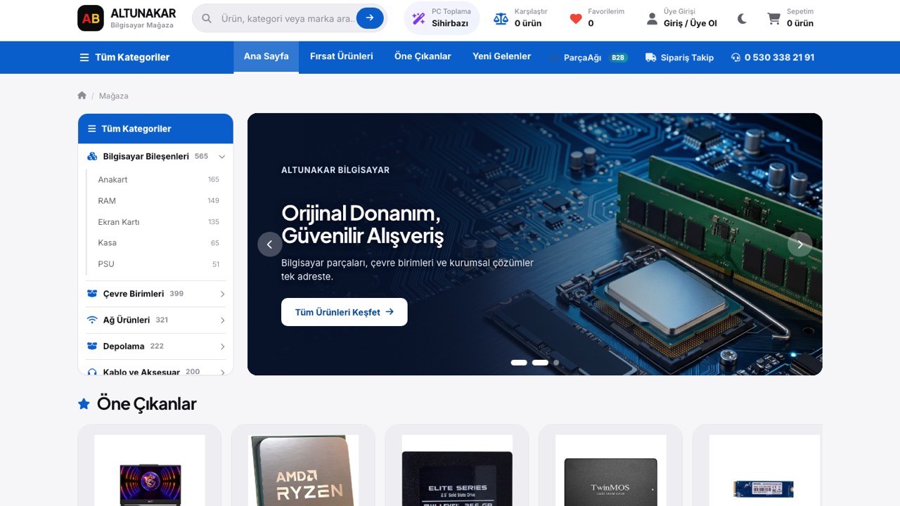 Altunakar e-ticaret mağaza arayüzü — ürün listeleme ve filtreleme ekranı