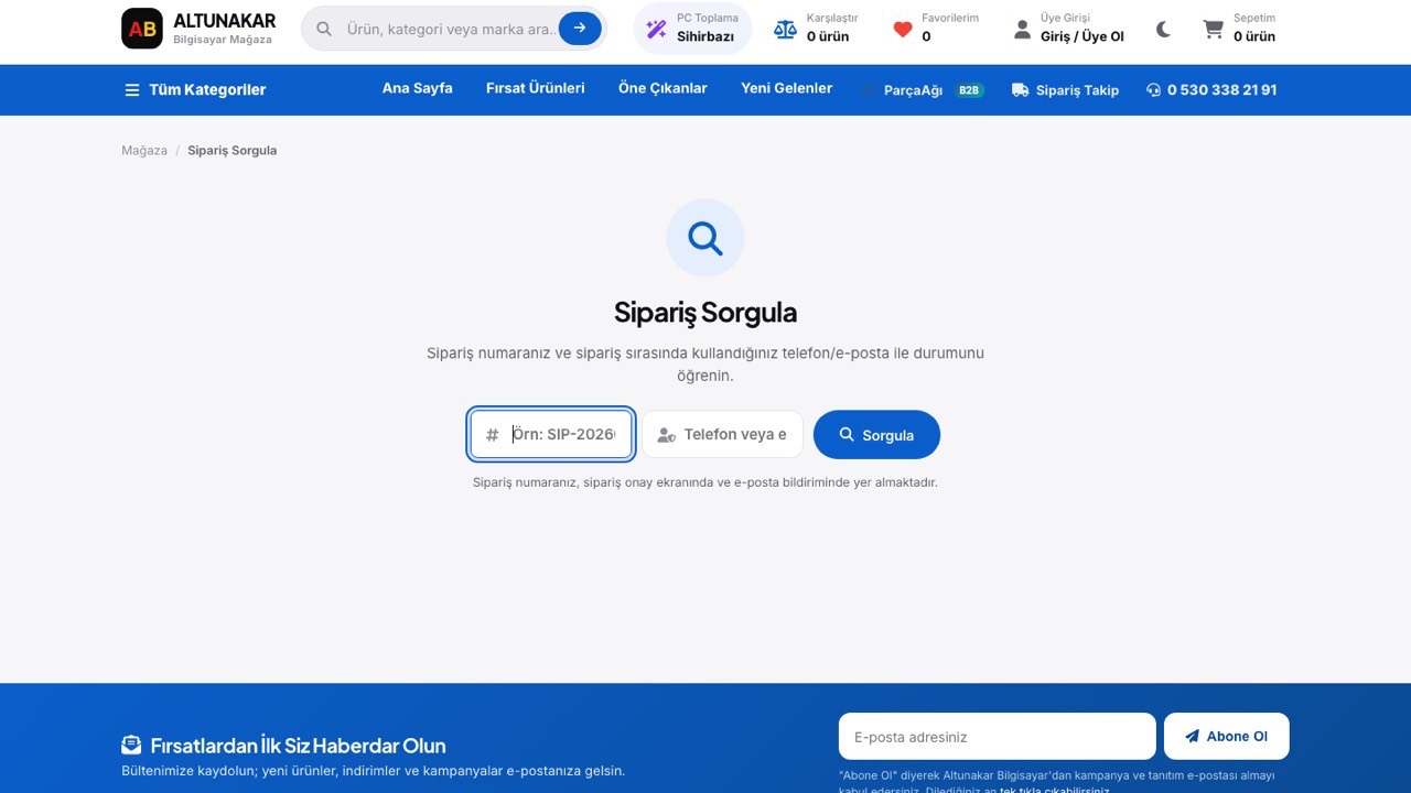 Sipariş ve servis takip ekranı — durum adımlarıyla sorgulama arayüzü
