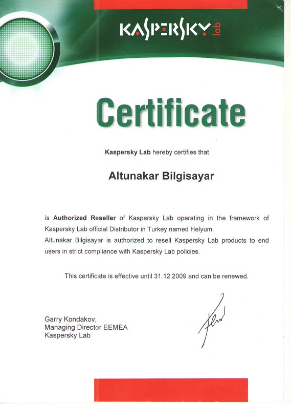 KASPERSKY LAB — Authorized Reseller Sertifikası