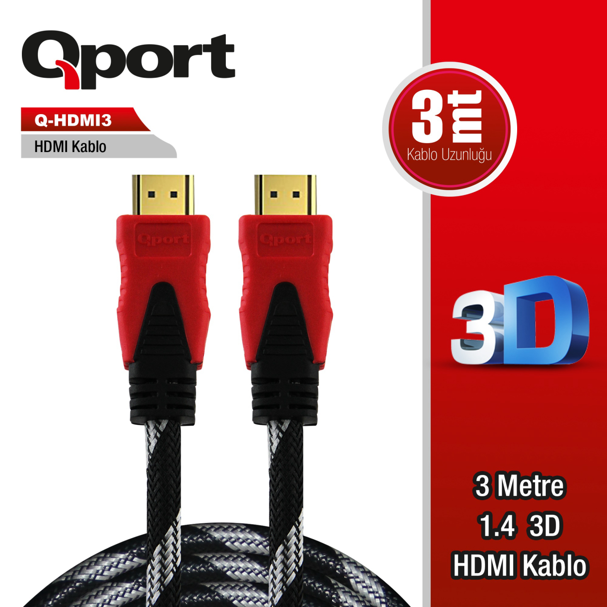 Qport 3 Metre Q-HDMI3 1.4 3D Altın Uçlu HDMI Kablo