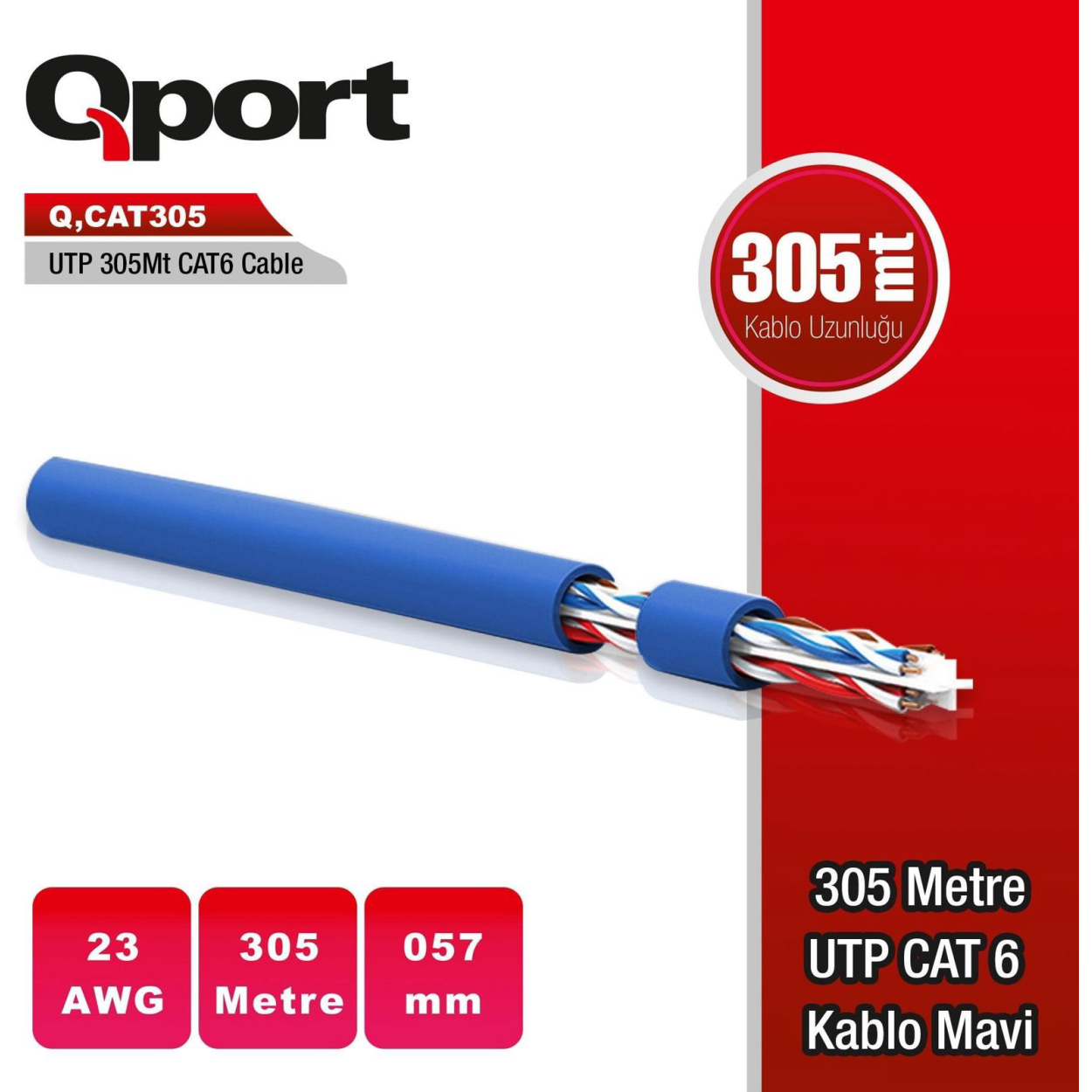 Qport 305 Metre Q-CAT6 UTP CAT6 23 AWG Mavi Ethernet Kablosu