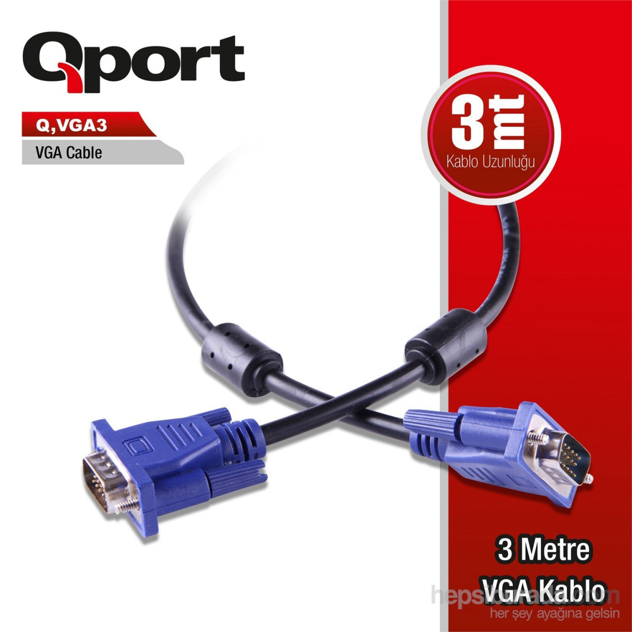 Qport 3 Metre 15Pin Filtreli VGA Monitör Kablosu (Q-VGA3)