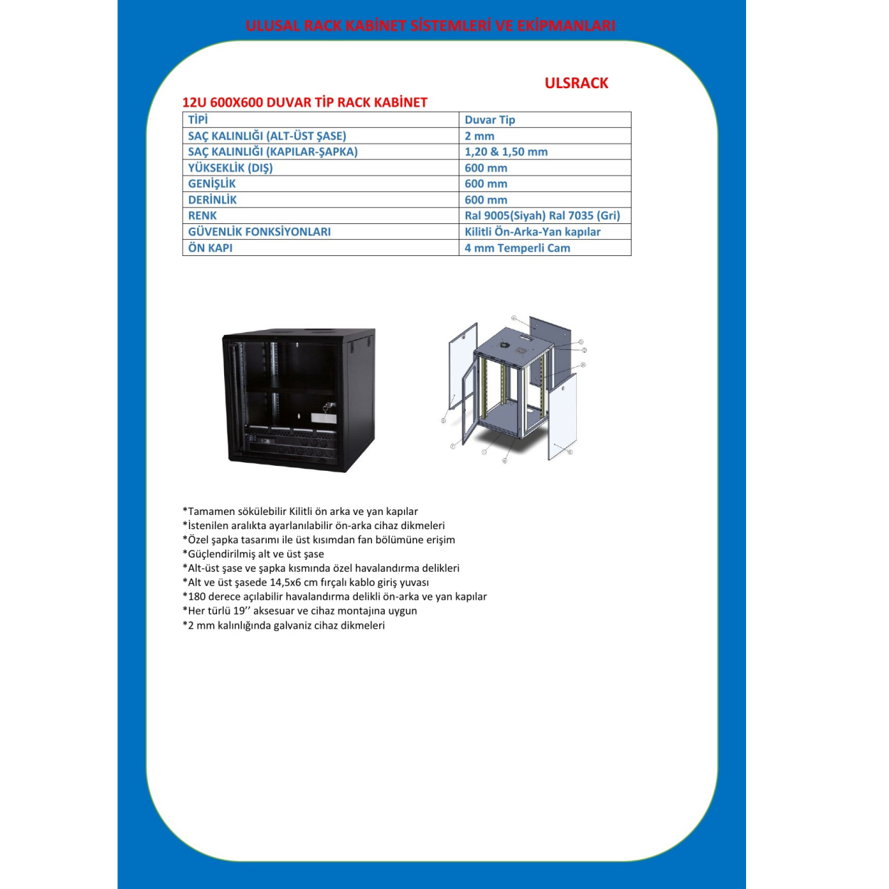 Ulusal 16U 600X600 Duvar Tipi Kabinet ULS-16U6060