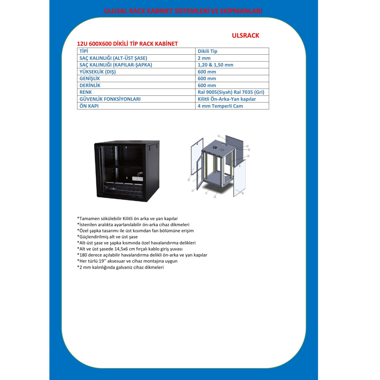 Ulusal 12U 600x600 Dikili Tip Kabinet ULS-12U6060R