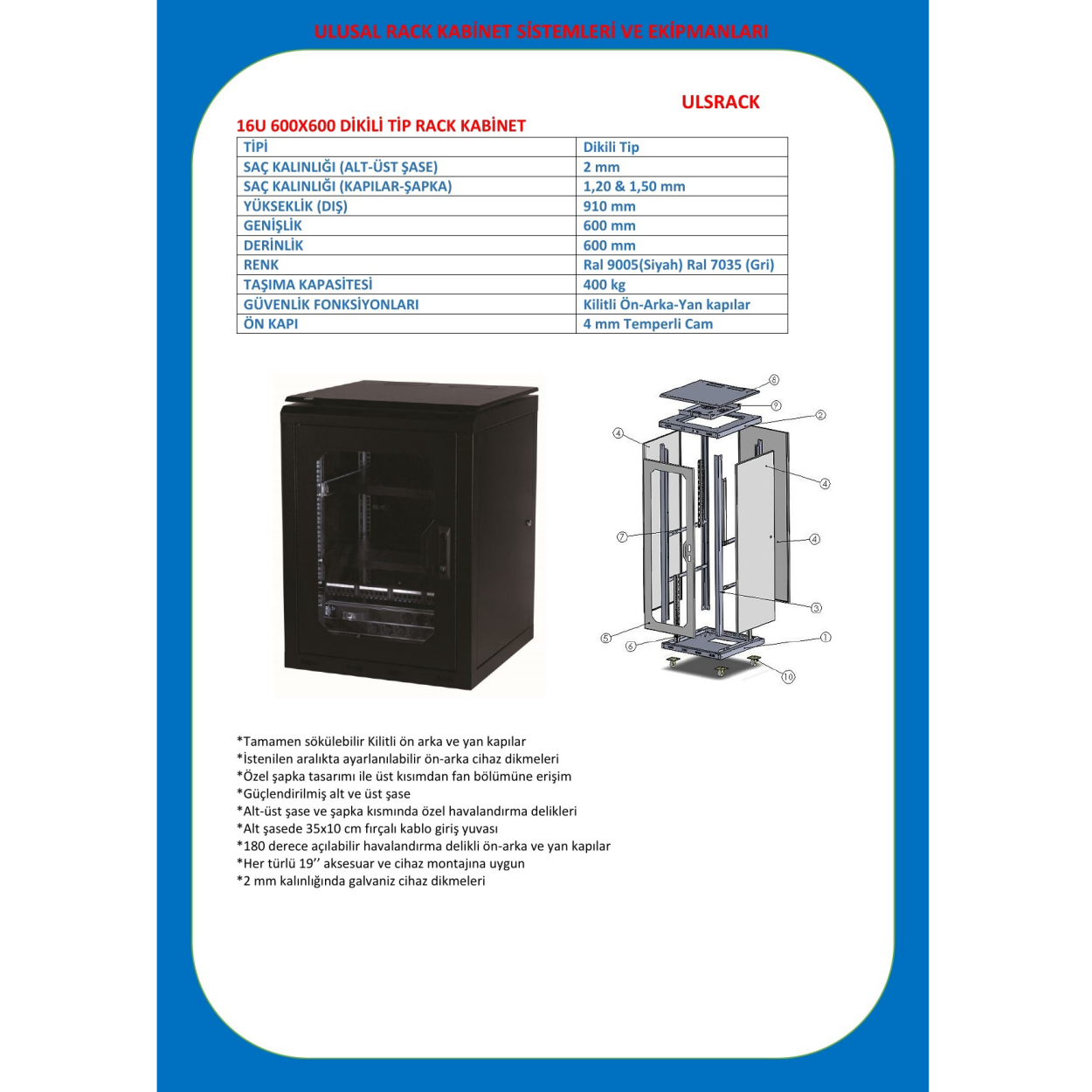 Ulusal 16U 600x600 Dikili Tip Kabinet ULS-16U6060R