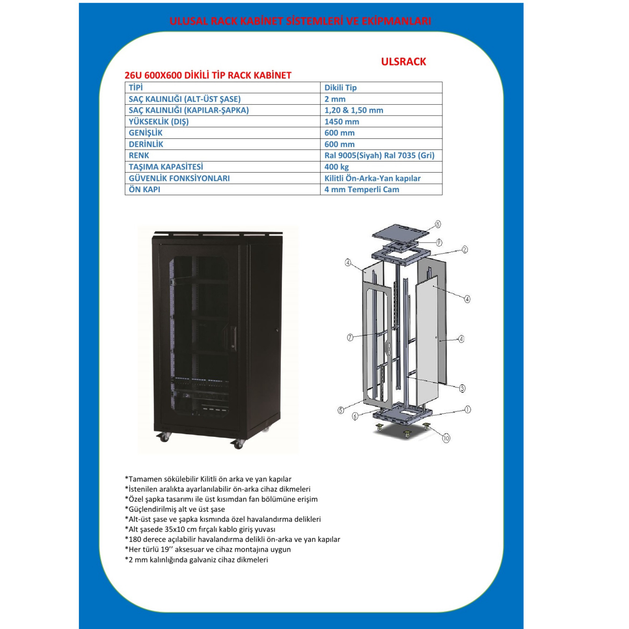 Ulusal 26U 600x600 Dikili Tip Kabinet ULS-26U6060R