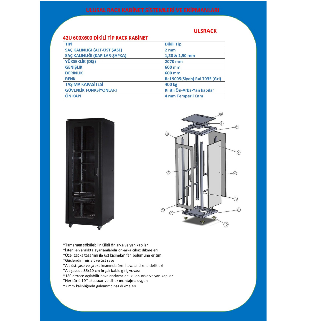 Ulusal 42U 600x600 Dikili Tip Kabinet ULS-42U6060R