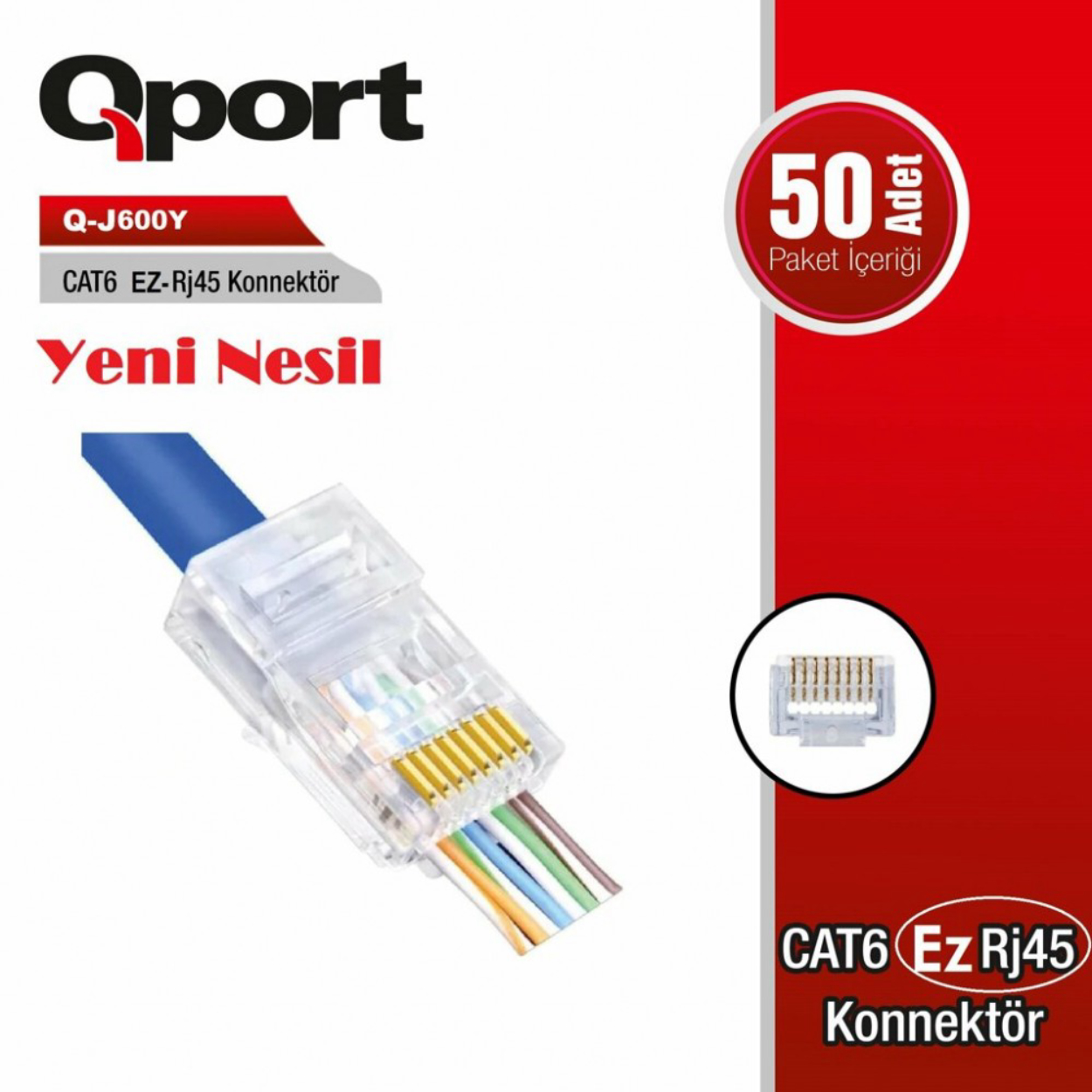 Qport Q-J600Y CAT6/CAT5 (50'Lik) EZ-RJ45 Yeni Nesil Delikli Konnektör