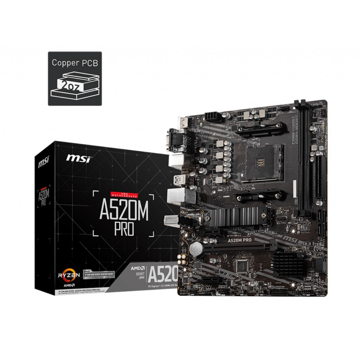 MSI A520M PRO AM4 DDR4 4600(OC) VGA DVI HDMI M2 USB3.2 mATX