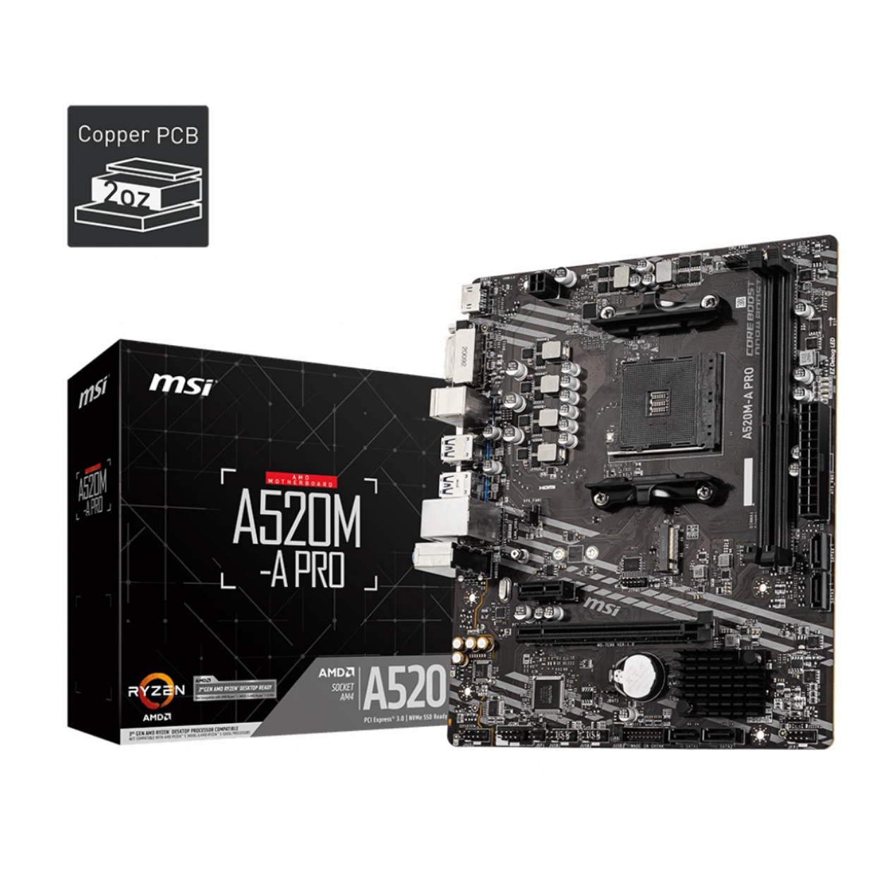 MSI A520M-A PRO AM4 DDR4 4600(OC) DVI HDMI M2 USB3.2 mATX