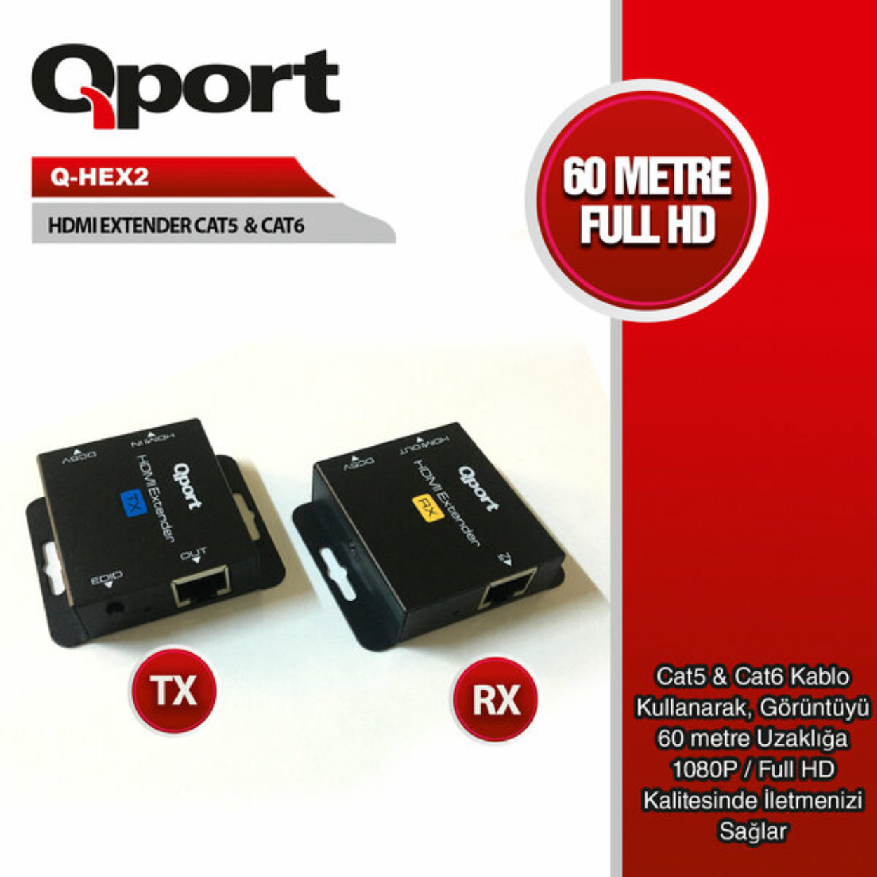 Qport 60 Metre HDMI Extender Cat6 60M 2'Lİ Paket (Adaptör Dahil) (Q-HEX2)