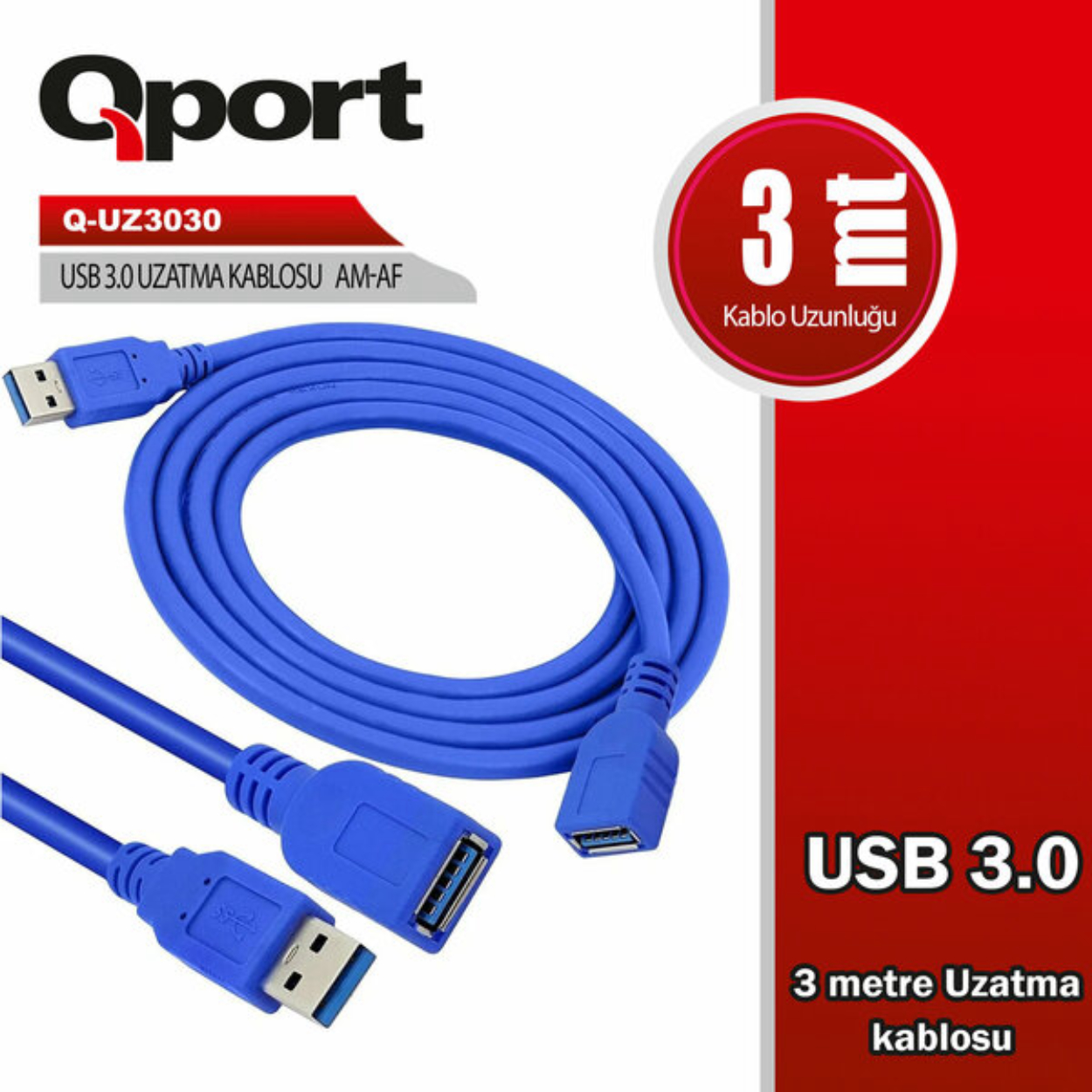Qport 3 Metre USB 3.0 Uzatma Kablosu (Q-UZ3030)