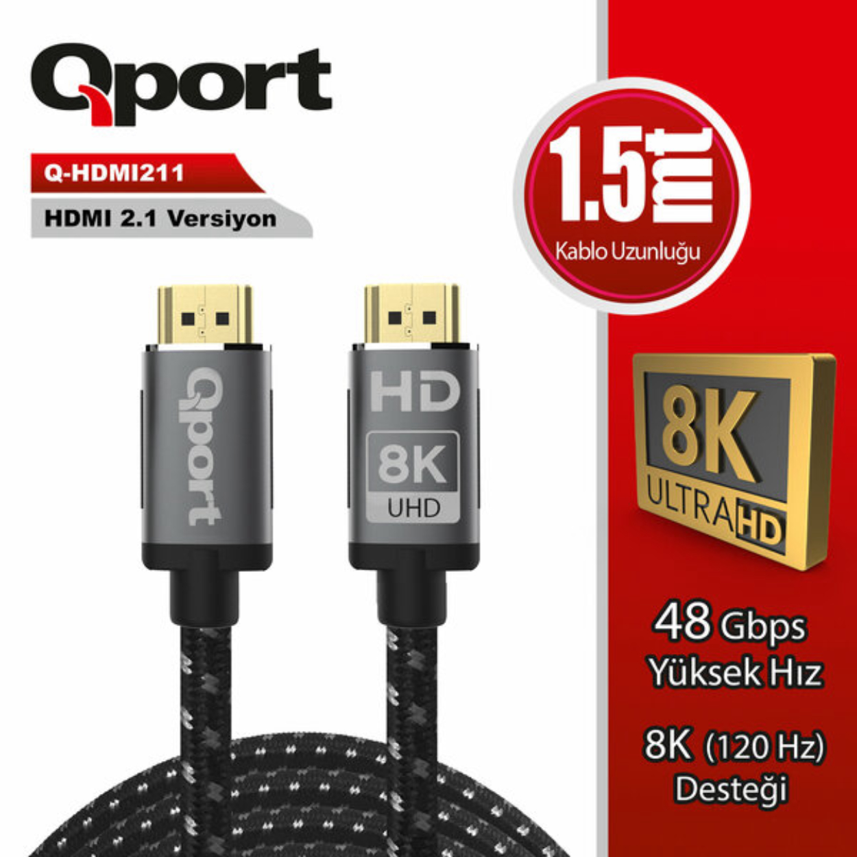 Qport 1.5 Metre Q-HDMI211 2.1V 8K Altın Uçlu Örgülü HDMI Kablo (Q-HDMI211)