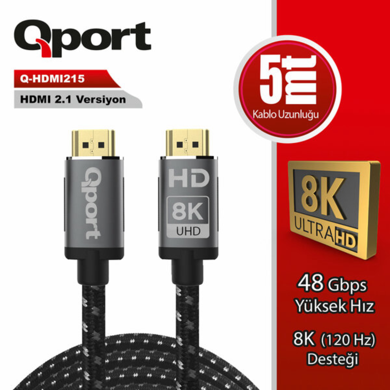 Qport 5 Metre Q-HDMI215 2.1V 8K Altın Uçlu Örgülü HDMI Kablo (Q-HDMI215)