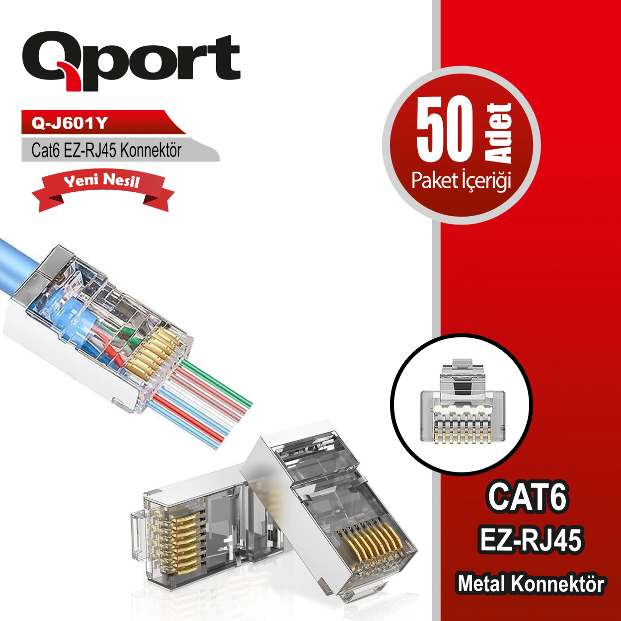 Qport Q-J601Y CAT6 (50'Lik) EZ-RJ45 Metal Yeni Nesil Delikli Konnektör