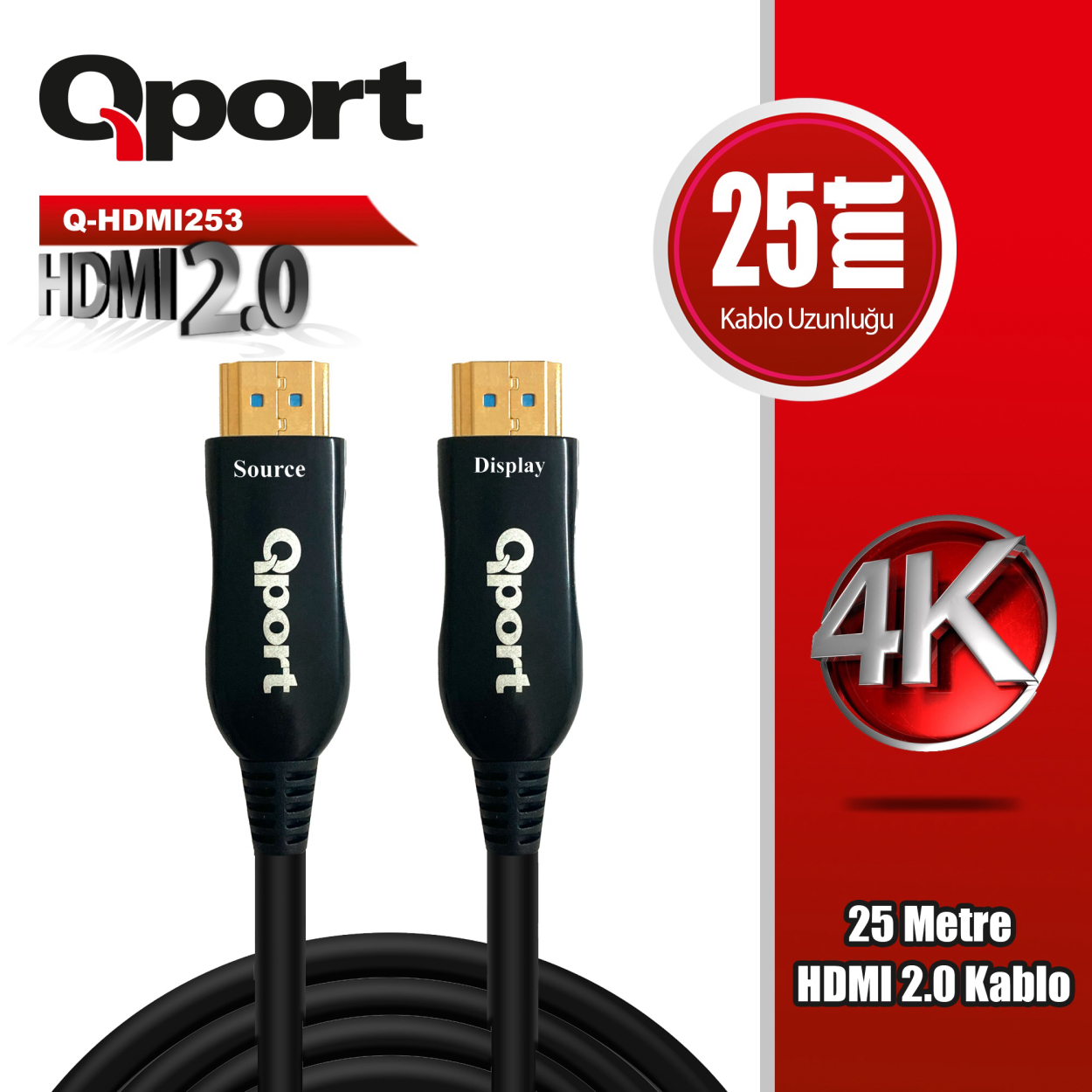 Qport 25 Metre Q-HDMI253 2.0V 4K 60Hz Altın Uçlu HDMI Kablo
