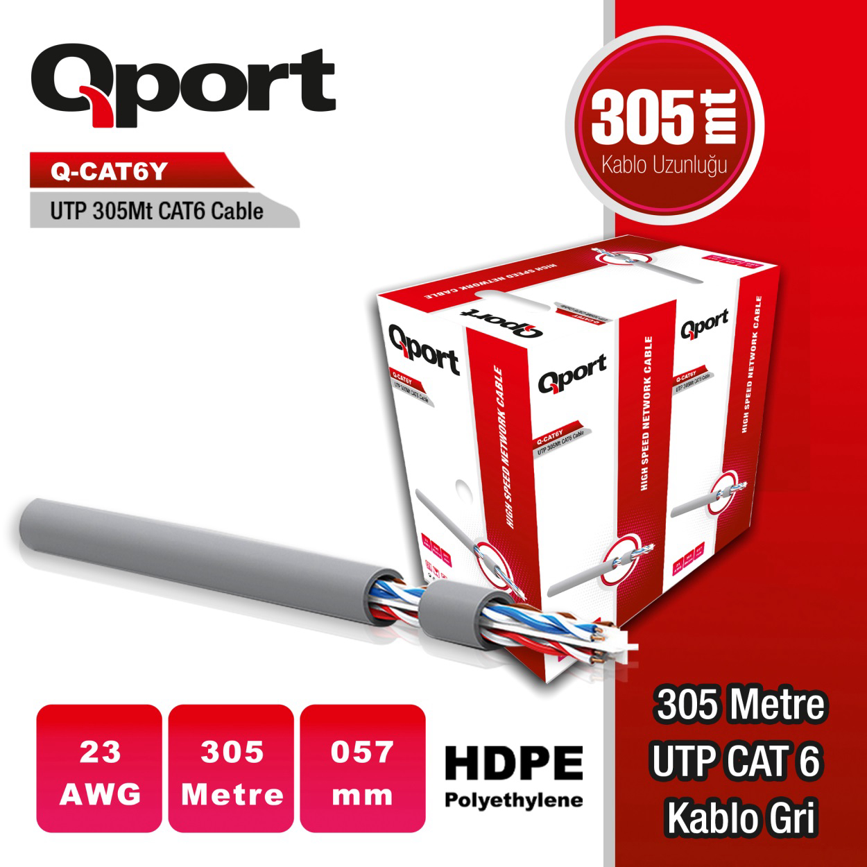 Qport 305 Metre Q-CAT6Y UTP CAT6 23 AWG PE CCA Gri Ethernet Kablosu