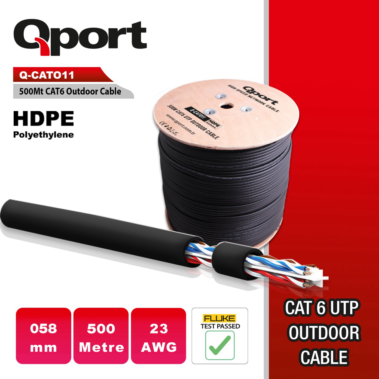 Qport 500 Metre Q-CATO11 UTP PE CAT6 23 AWG 0,58mm Outdoor Siyah Ethernet Kablo