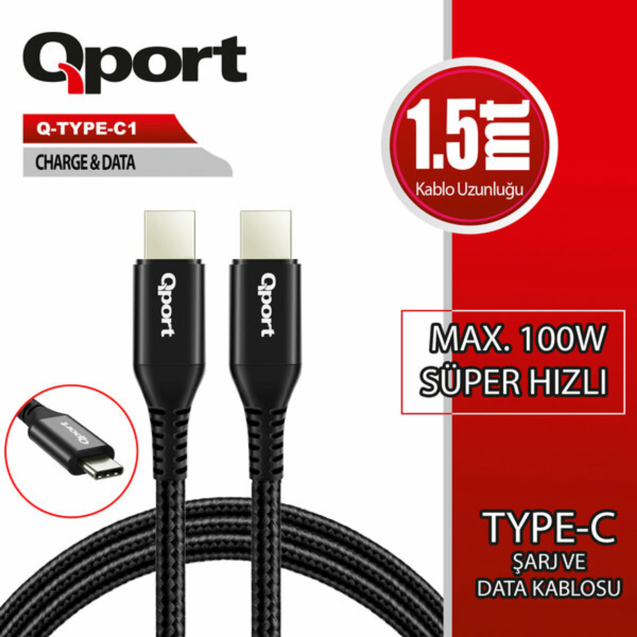 Qport Q-TYPE-C1 1.5 Metre Type-C 100W Süper Hızlı PD Şarj ve Data Kablosu