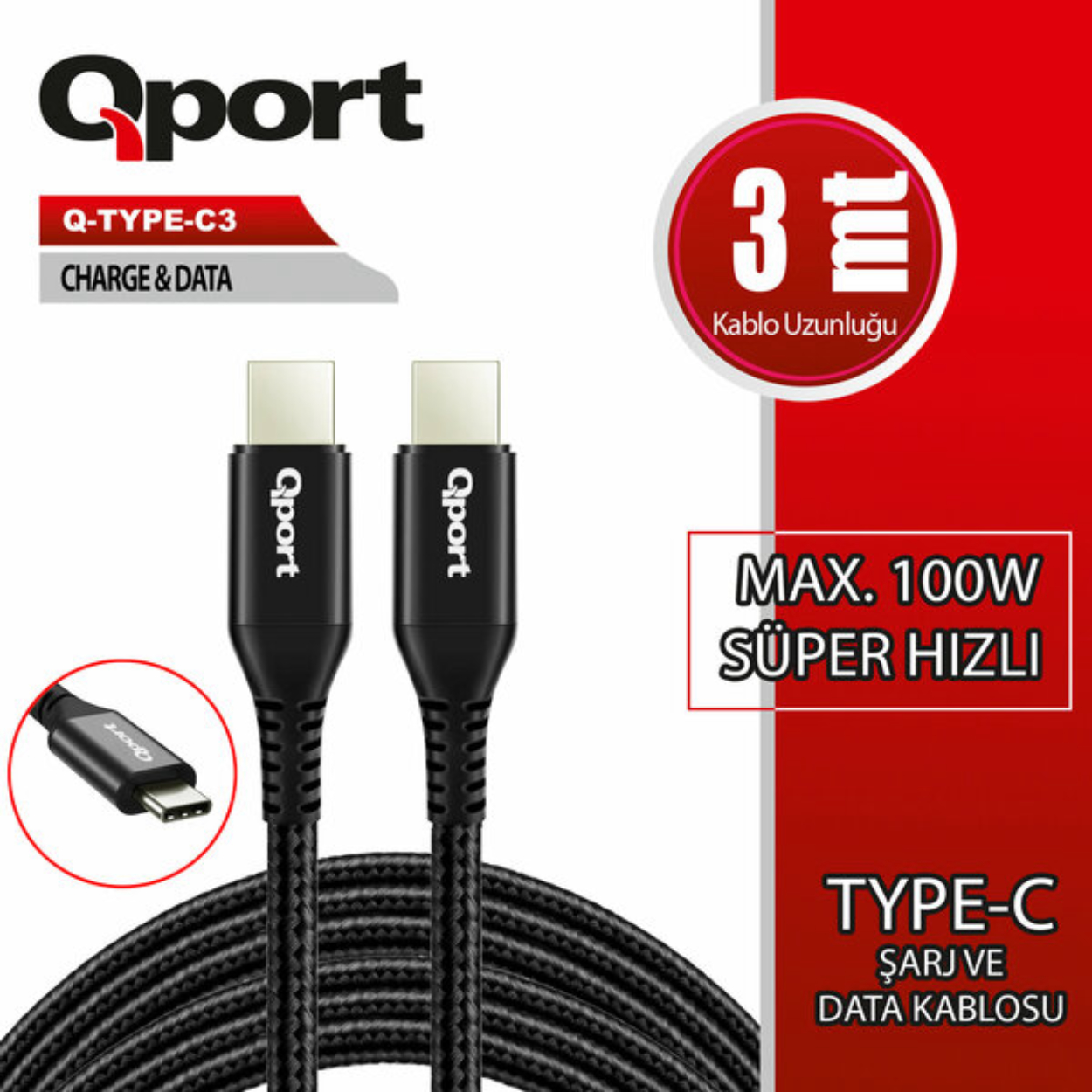 Qport Q-TYPE-C3  3 Metre Type-C 100W Süper Hızlı PD Şarj ve Data Kablosu