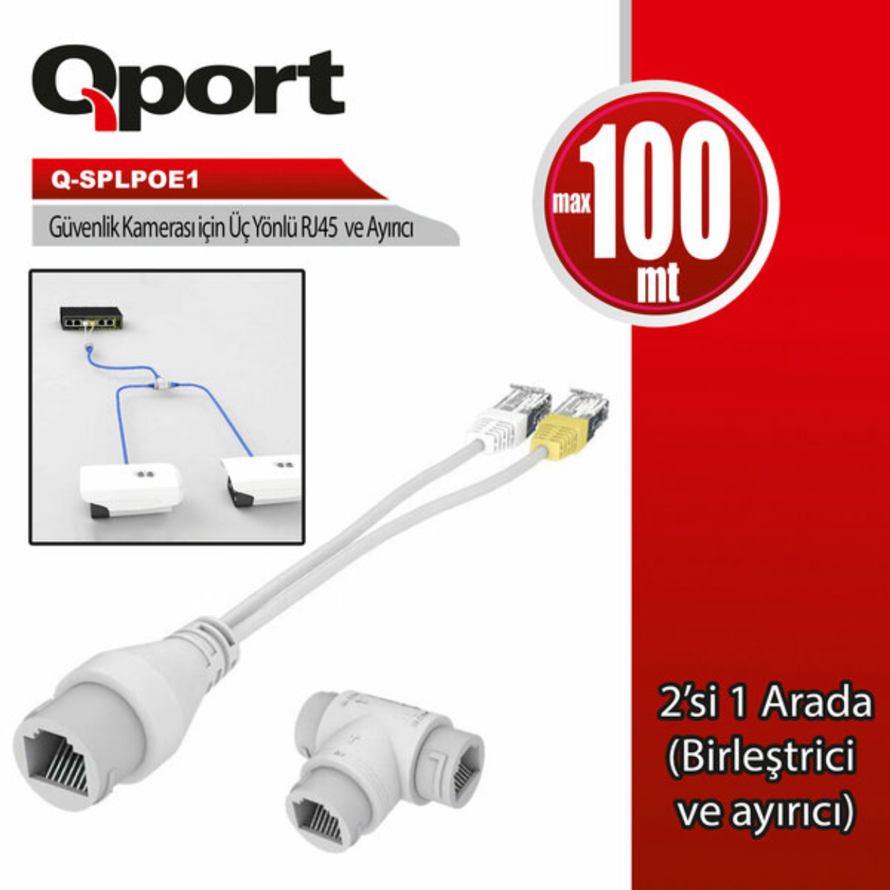 Qport Q-SPLPOE1 PoE Splitter 2-İn-1 Ağ Konnektörü+ 3 Yollu RJ45 Konnektörü