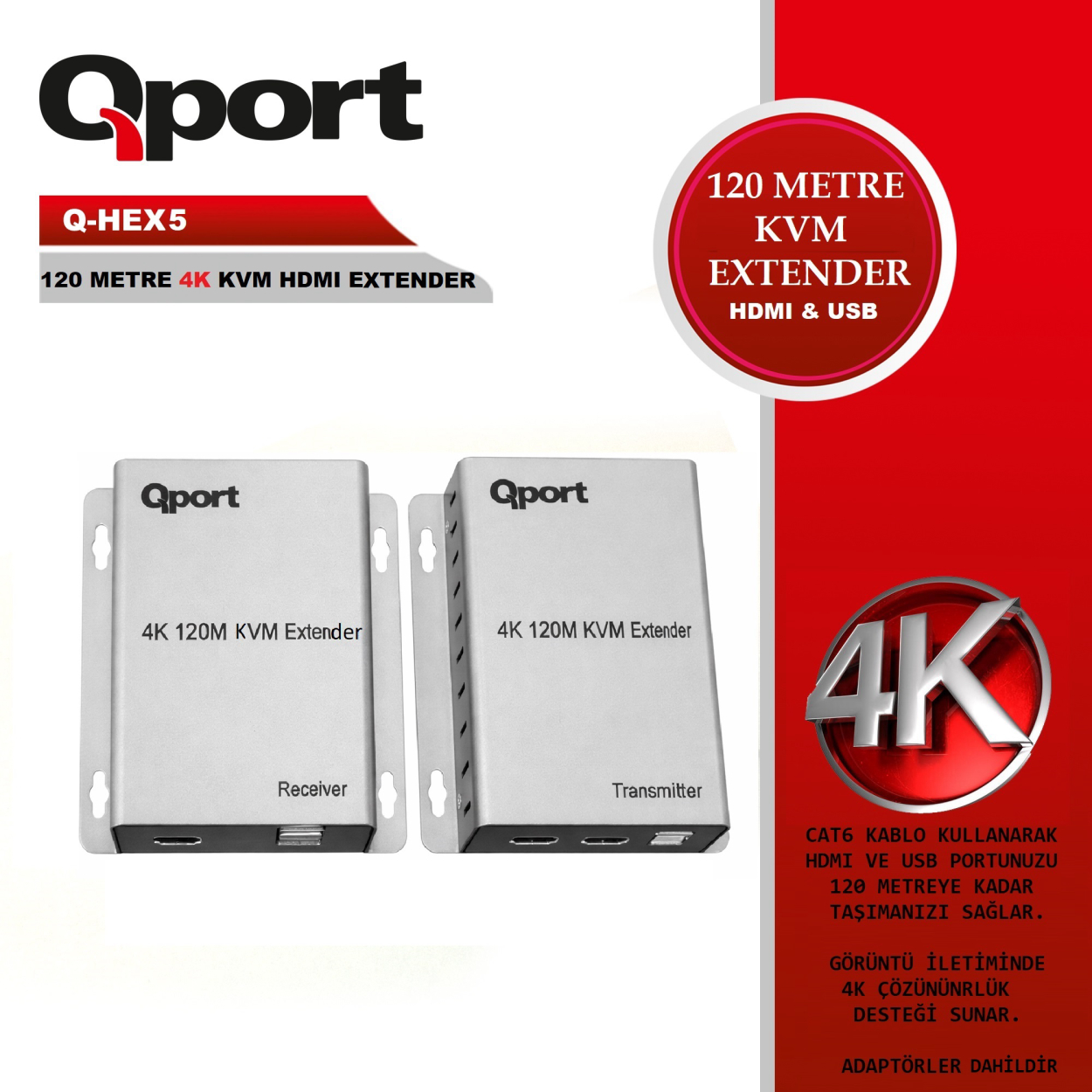 Qport Q-HEX5 120 Metre Cat6 KVM 4K HDMI Çoklayıcı (2'li Paket)