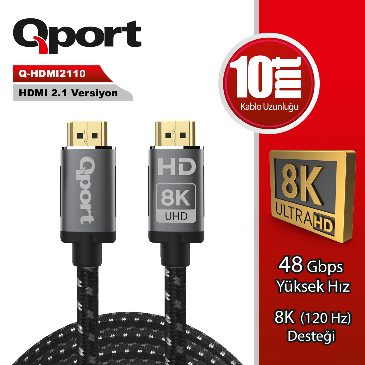 Qport 10 Metre 2.1V 8K Altın Uçlu HDMI Kablo (Q-HDMI2110)