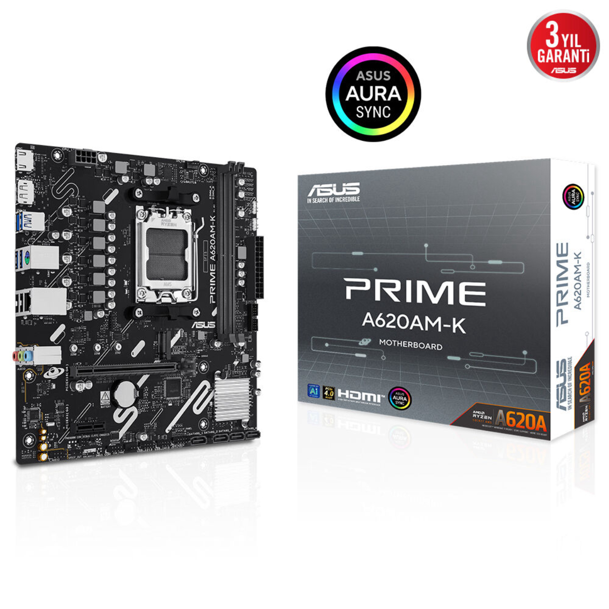 Asus PRIME A620AM-K AM5 DDR5 7600(OC) HDMI M2 Aura RGB mATX 128GB Kadar