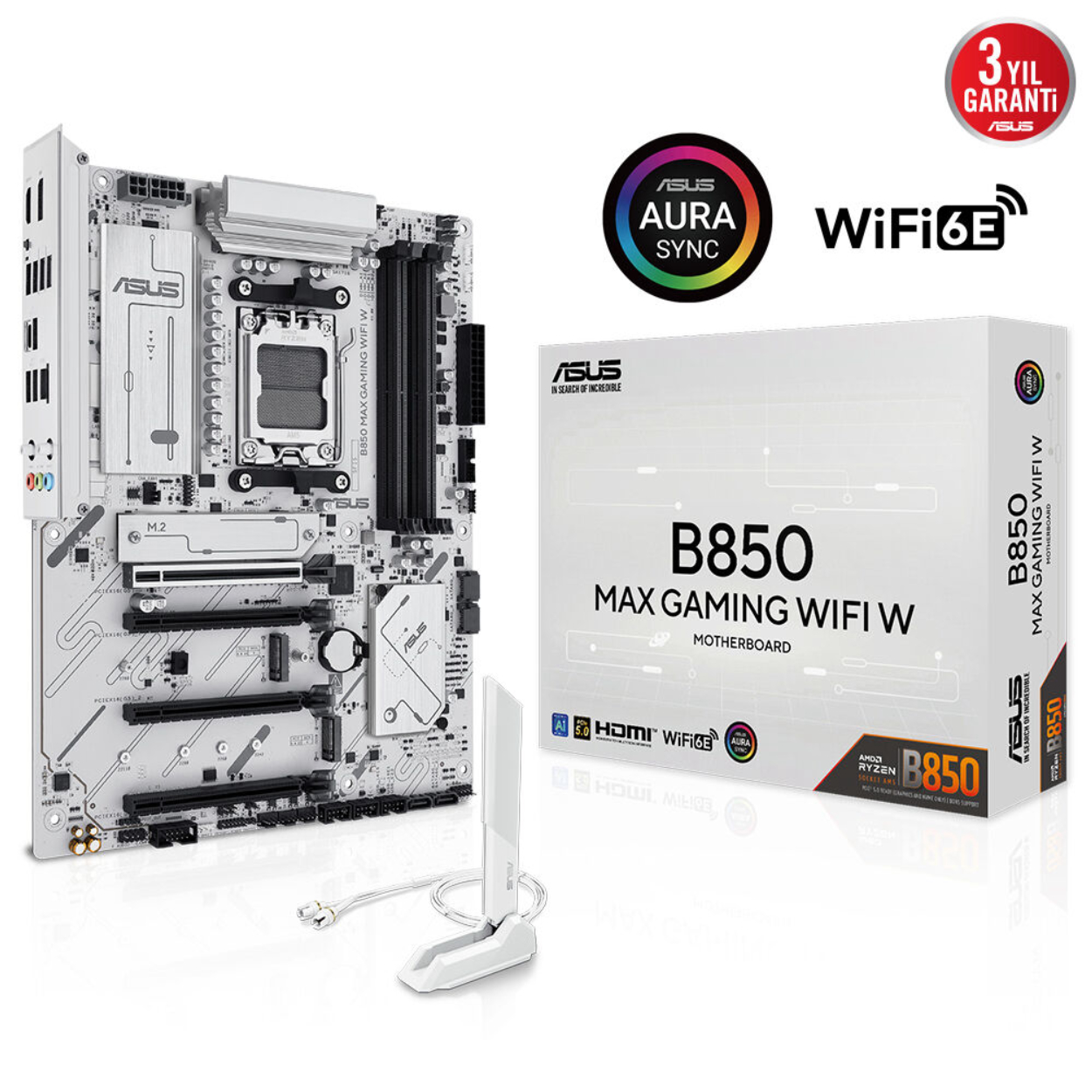 Asus B850 MAX GAMING WIFI W AM5 DDR5 8000(OC) HDMI DP 3xM2 USB GBit Beyaz ATX